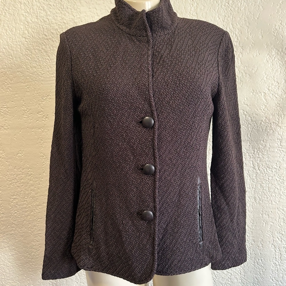 ST . JOHN brown / leather trim faux pockets blazer SZ 8 made in USA
